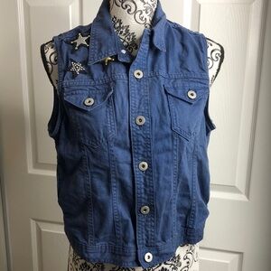 Authethic Icon Vest Blue New L Button Up Stars Embellished